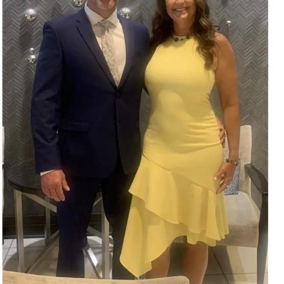 THEIA lemon ruffle yellow asymmetric midi dress 22768 - Picture 6 of 16